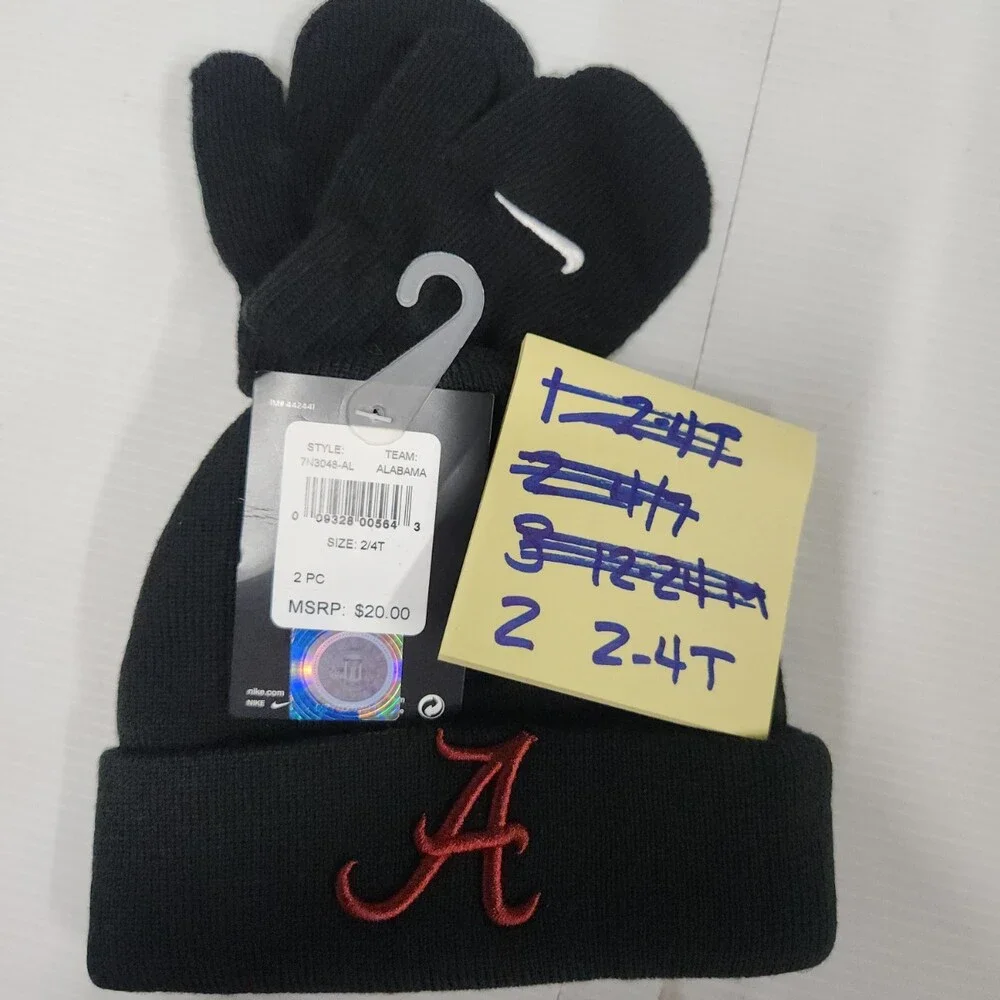 Nike Alabama Toddler Beanie Hat and Mittens Set Black Red a Logo 2pc Size 2/4T